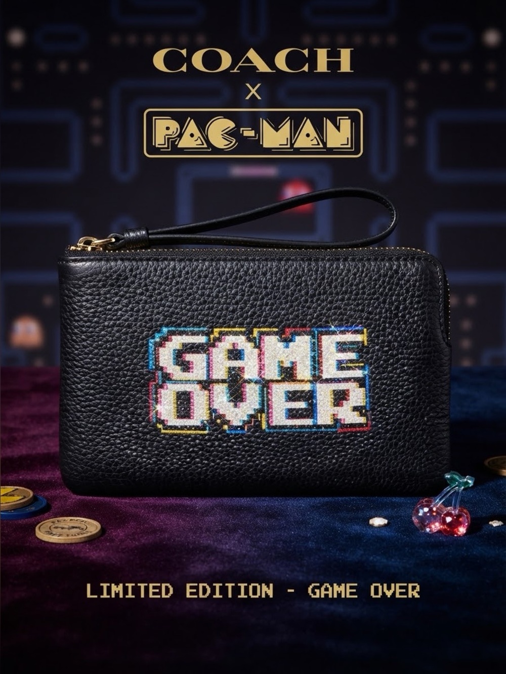 NWT Coach x Pac-Man Game Over Black Leather Zip Wristlet Bag Dust Bag Rare